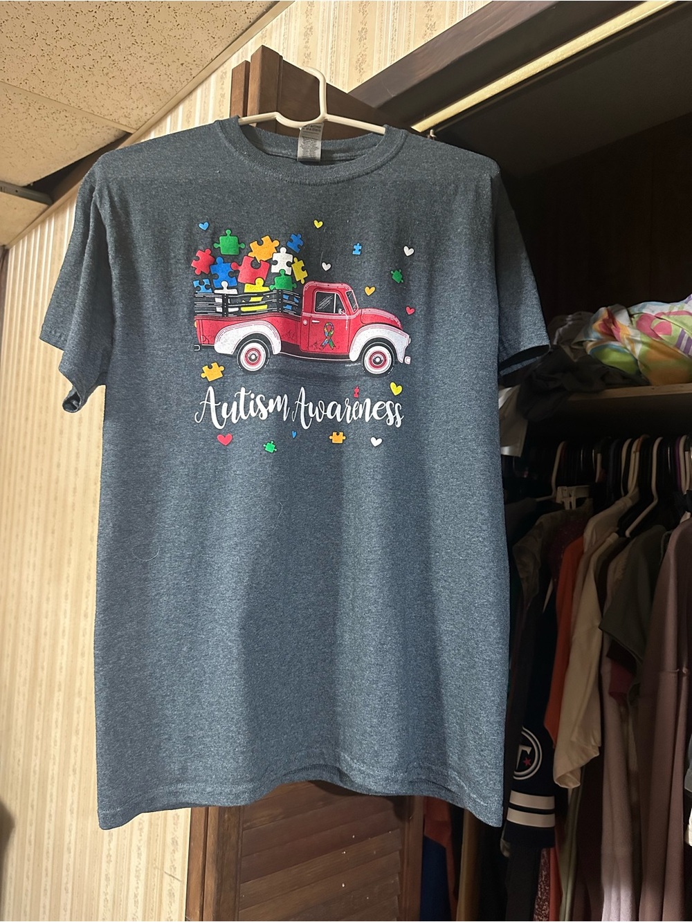 Gildan Charcoal Kids Tee with Red Truck Autism Awareness Graphic